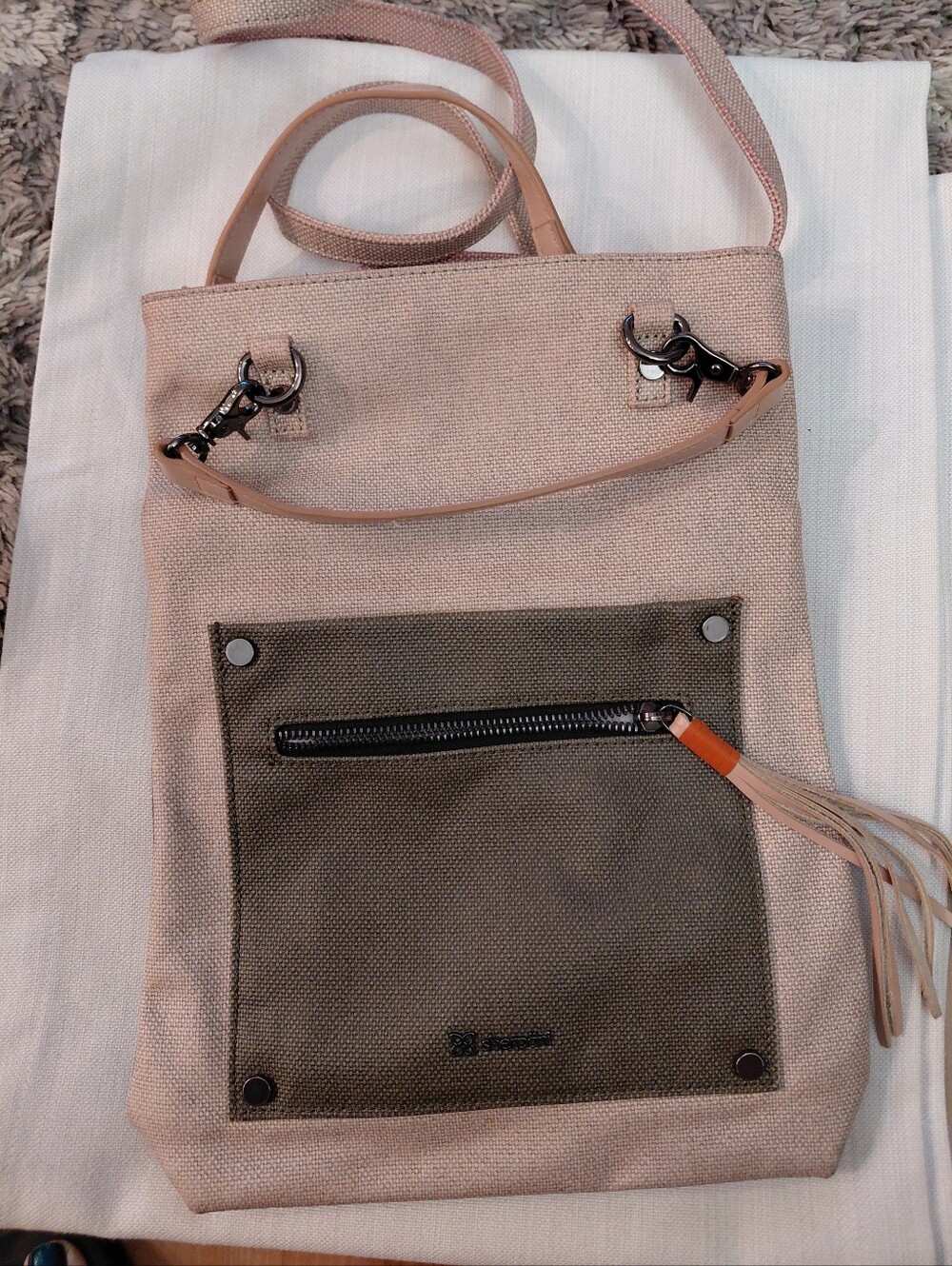 Sherpani Beige Canvas Crossbody Bag with Olive Pocket